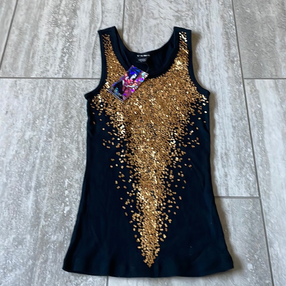 Fang tank top ,medium,sleeve less black with gold sequin